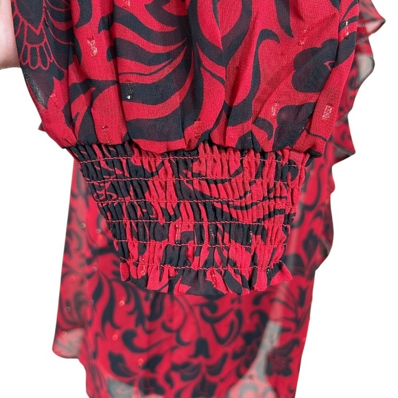 Chico's NWT Red Chiffon Ruffle Neck Shimmer V-Neck Long Sleeve Blouse Size 16 - Picture 7 of 11